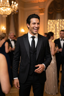 Men's Slim Fit Satin Lapel Three Piece Suit in Black – lifestyle shot