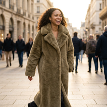 Women's Long Faux Fur Coat in Khaki – lifestyle shot