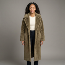 Women's Long Faux Fur Coat in Khaki – front view