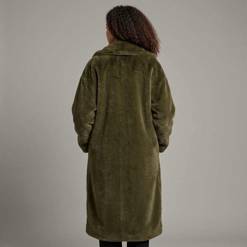 Women's Long Faux Fur Coat in Khaki – back view
