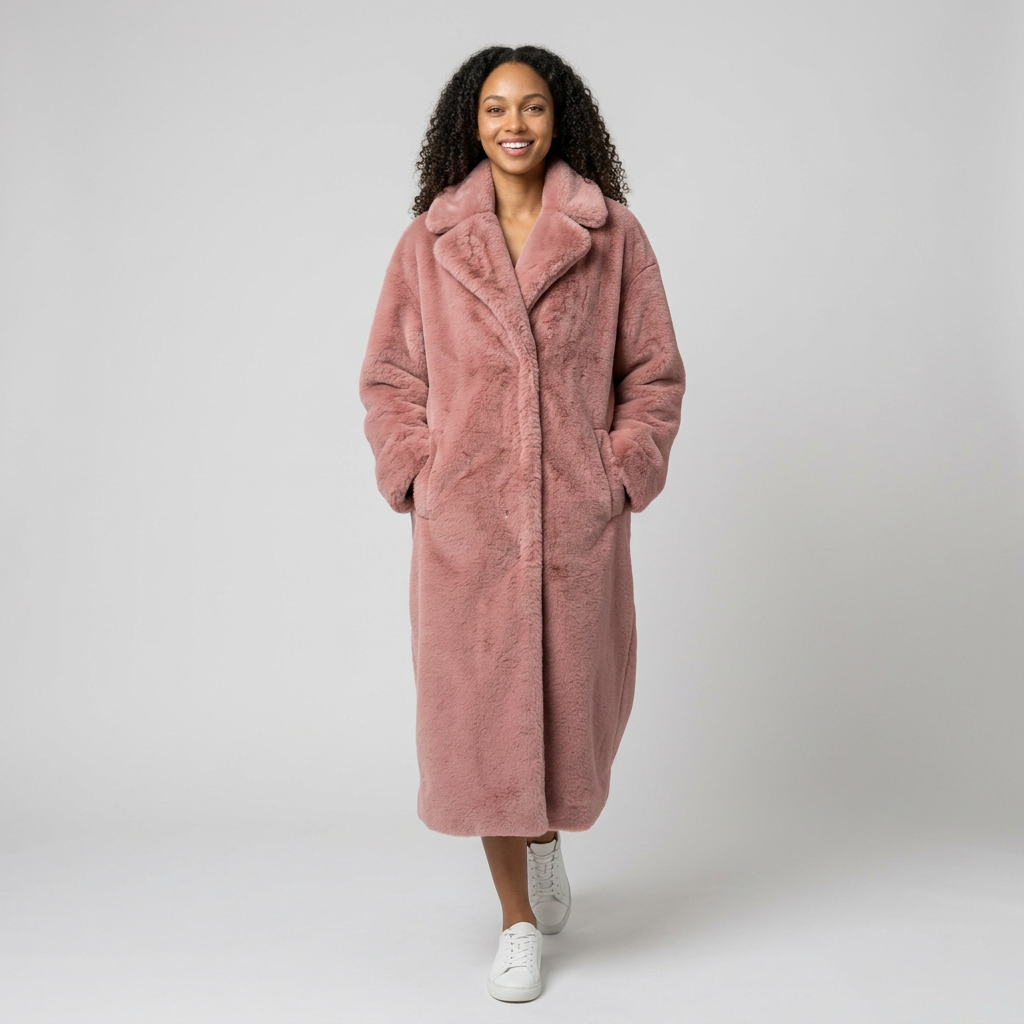 Women's Long Faux Fur Coat in Pink