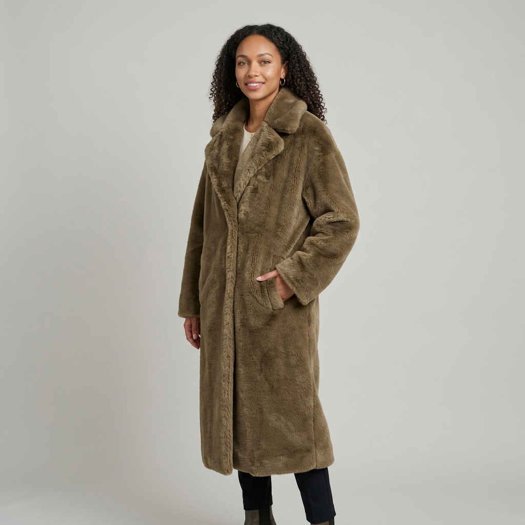 Women's Long Faux Fur Coat in Khaki – front view