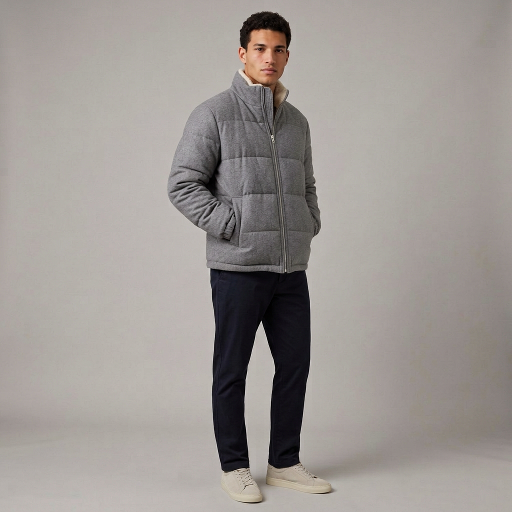 Men's Plush Fleece Puffer Jacket in Grey – front view
