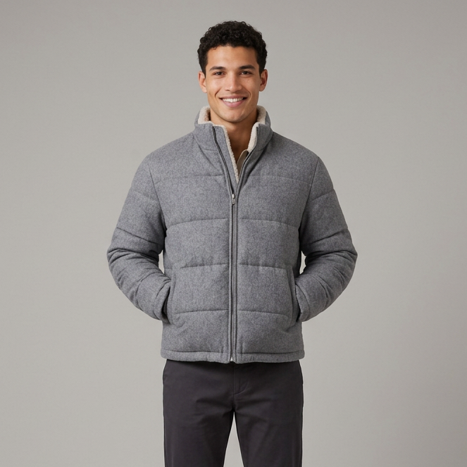 Men's Plush Fleece Puffer Jacket in Grey – front view