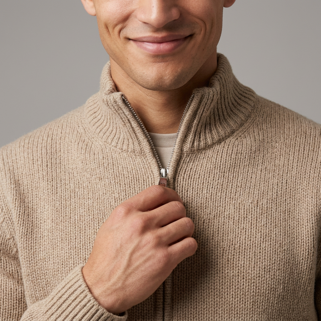 Men's Chunky Wool Zip Through Cardigan in Beige – detail view