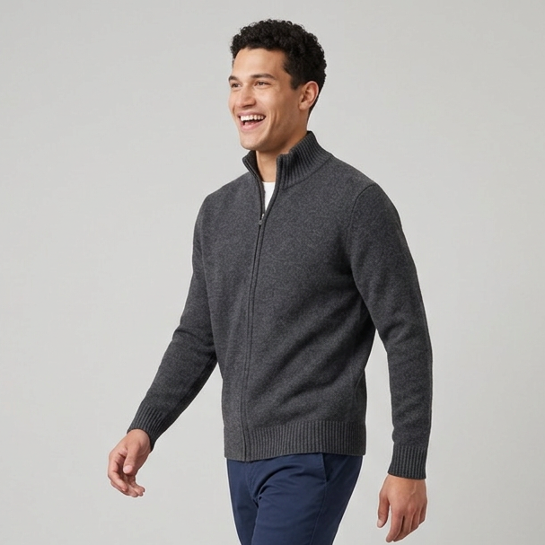 Men's Chunky Wool Zip Through Cardigan in Dark Grey