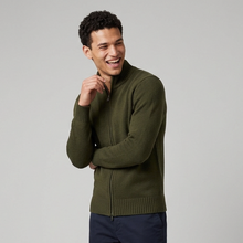 Men's Chunky Wool Zip Through Cardigan in Olive Green