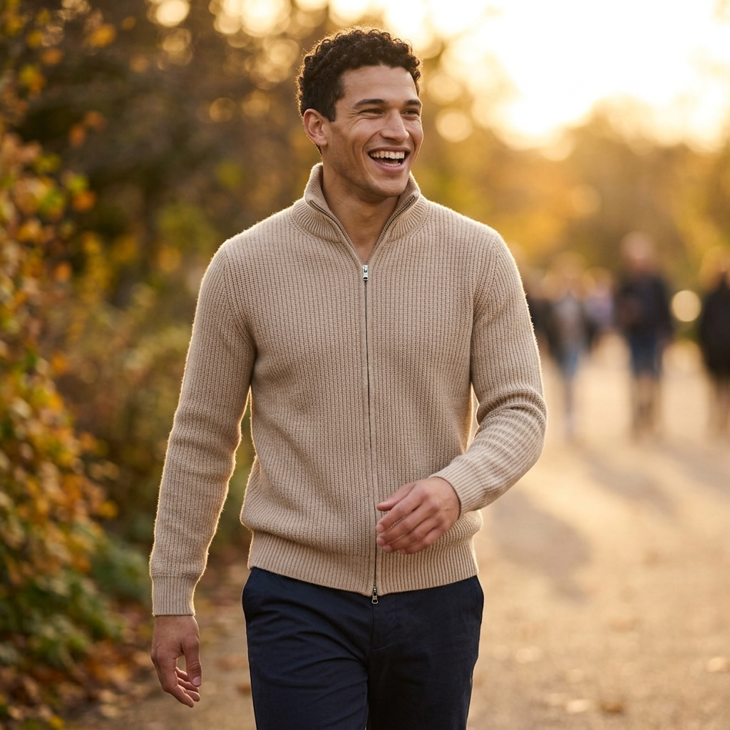 Men's Chunky Wool Zip Through Cardigan in Beige – lifestyle shot