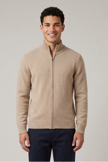 Men's Chunky Wool Zip Through Cardigan in Beige – front view