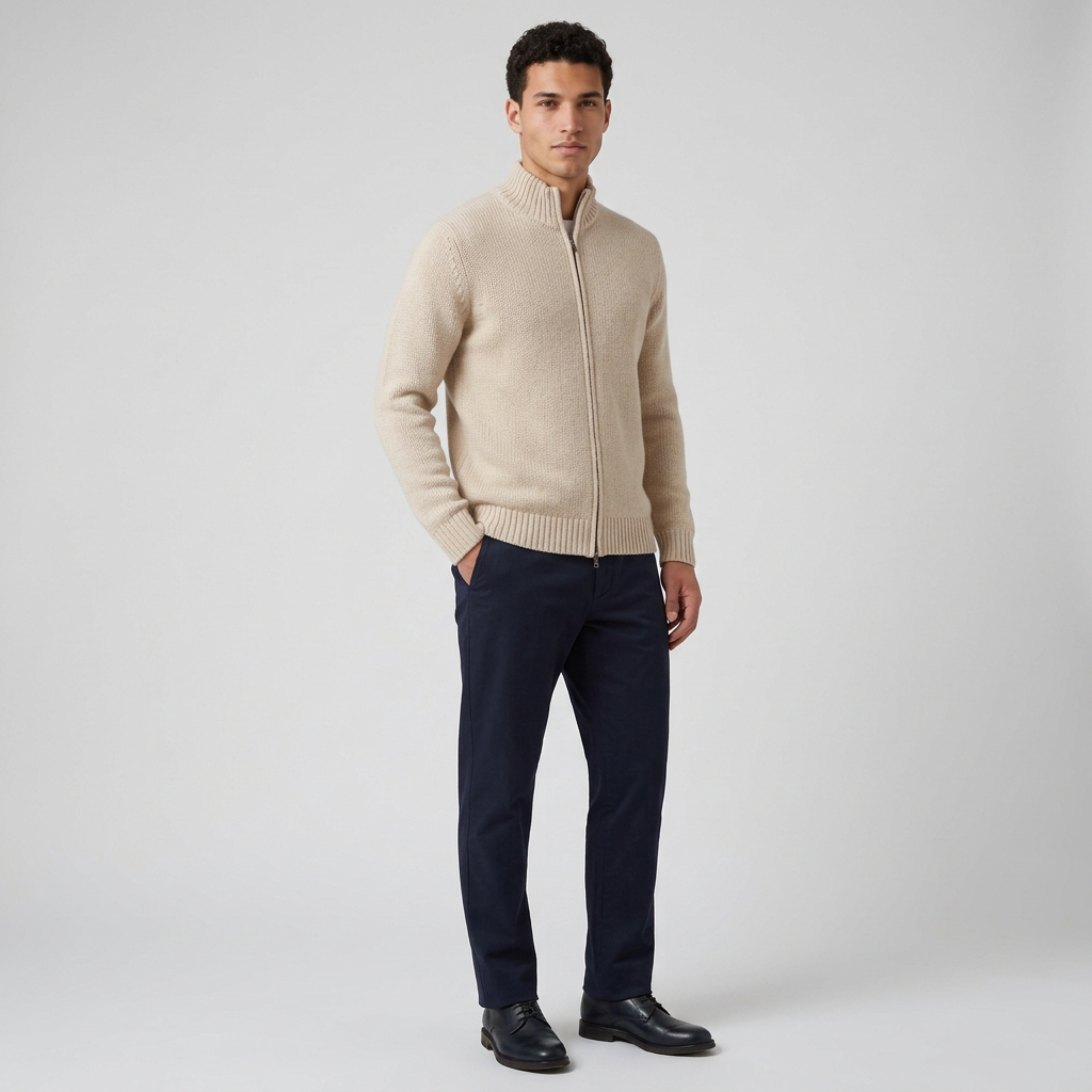 Men's Chunky Wool Zip Through Cardigan in Beige – front view