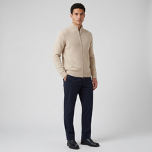 Men's Chunky Wool Zip Through Cardigan in Beige – three-quarter view