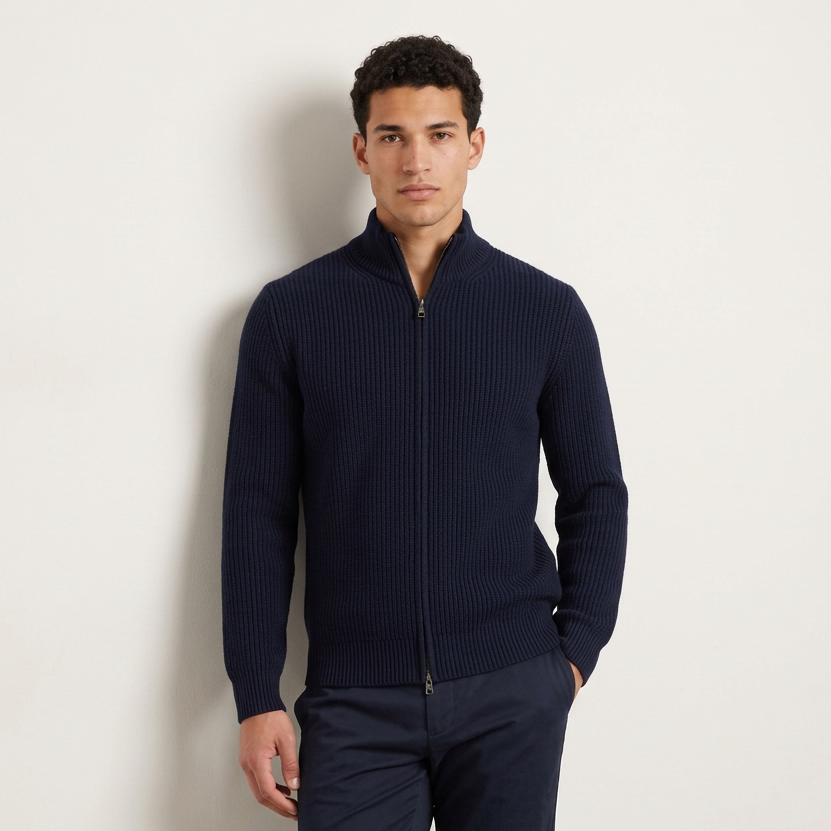 Men's Chunky Wool Zip Through Cardigan in Navy