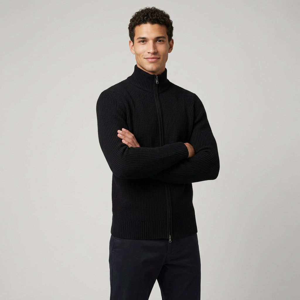Men's Chunky Wool Zip Through Cardigan in Black