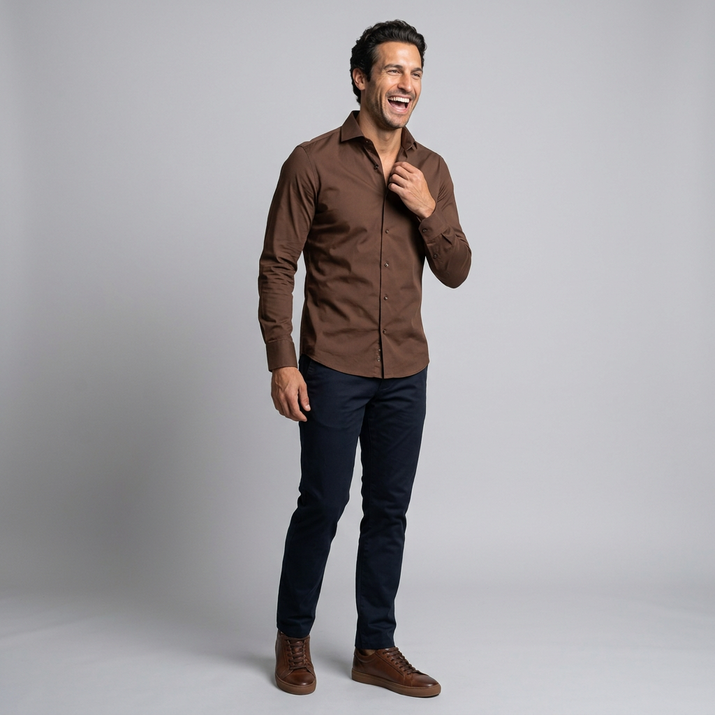 Men's Slim Fit Non-Iron Stretch Dress Shirt in Brown