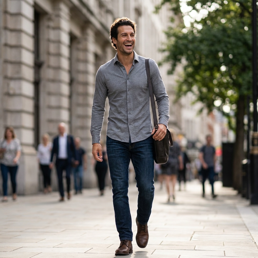 Men's Slim Fit Non-Iron Stretch Dress Shirt in Grey – lifestyle shot