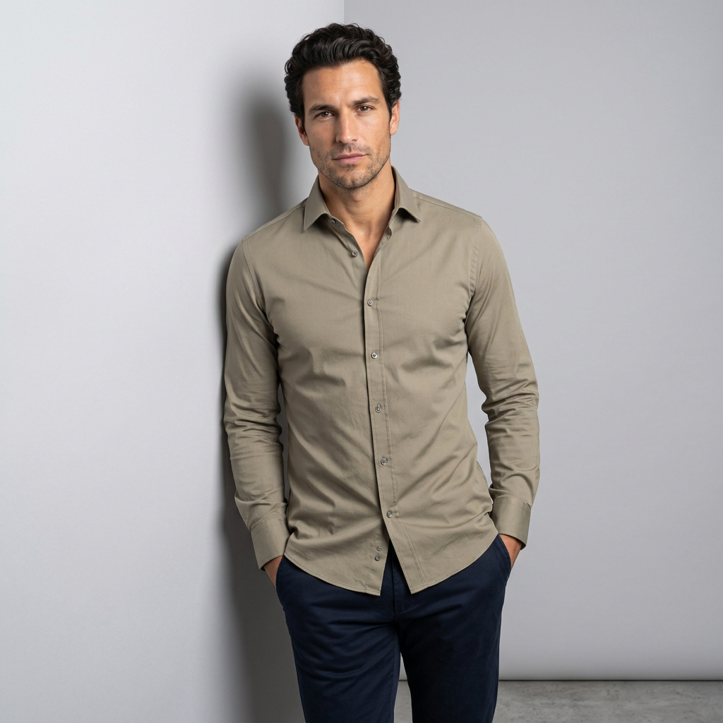Men's Slim Fit Non-Iron Stretch Dress Shirt in Khaki
