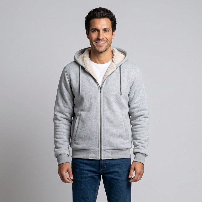 Men's Fleece-Lined Winter Hoodie Jacket in Light Grey - front view