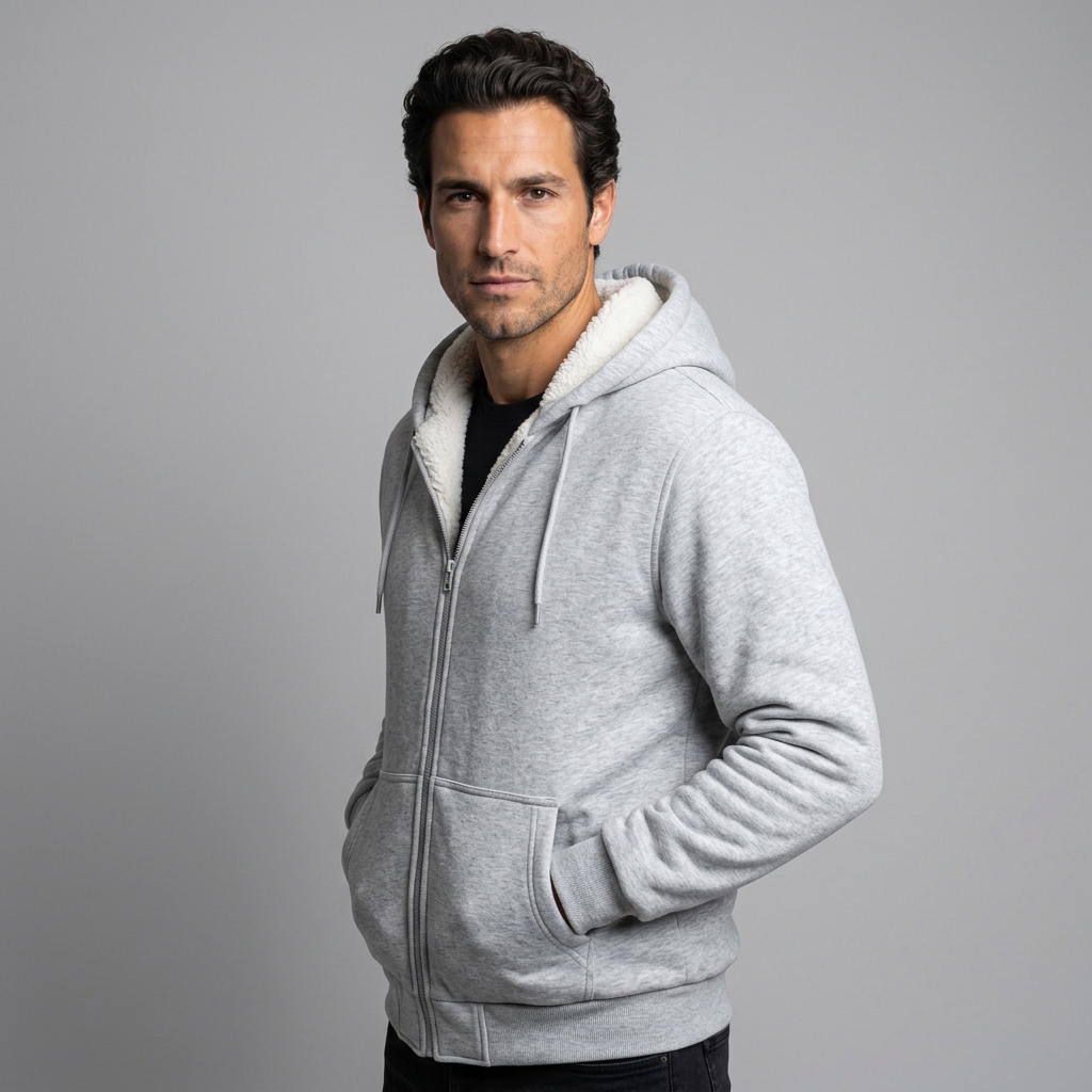 Men's Fleece-Lined Winter Hoodie Jacket in Light Grey - front view