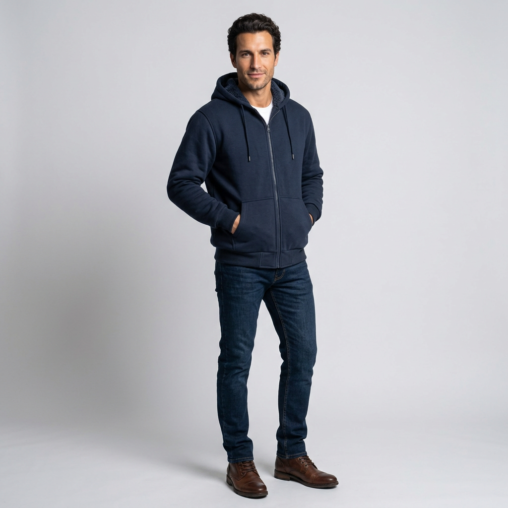 Men's Fleece-Lined Winter Hoodie Jacket in Navy