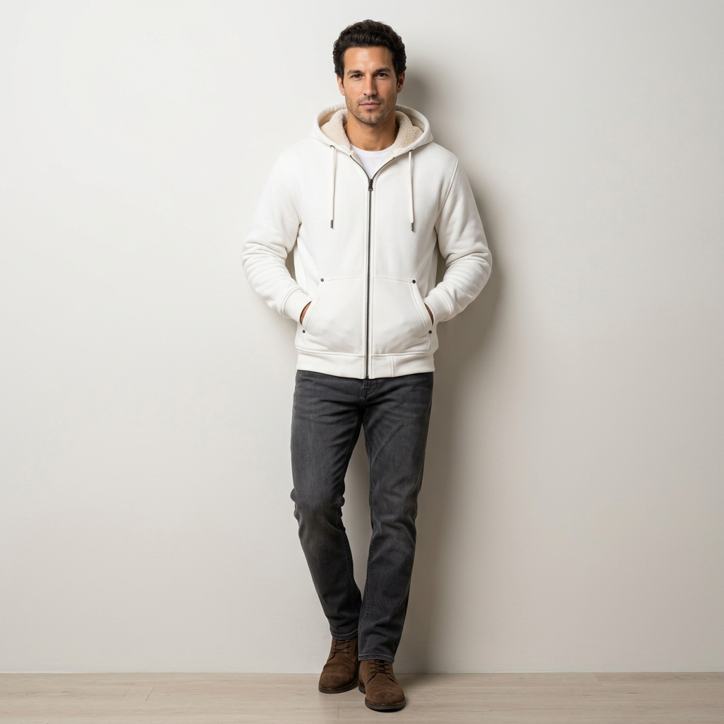 Men's Fleece-Lined Winter Hoodie Jacket in White