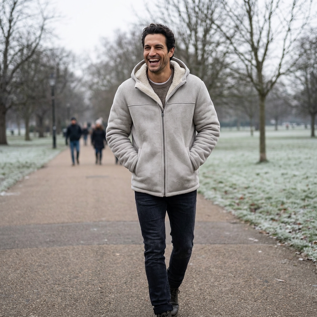 Men's Fleece-Lined Winter Hoodie Jacket in Light Grey - lifestyle shot