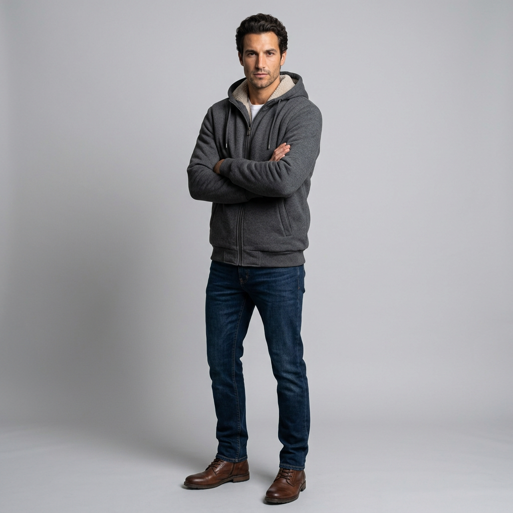 Men's Fleece-Lined Winter Hoodie Jacket in Dark Grey