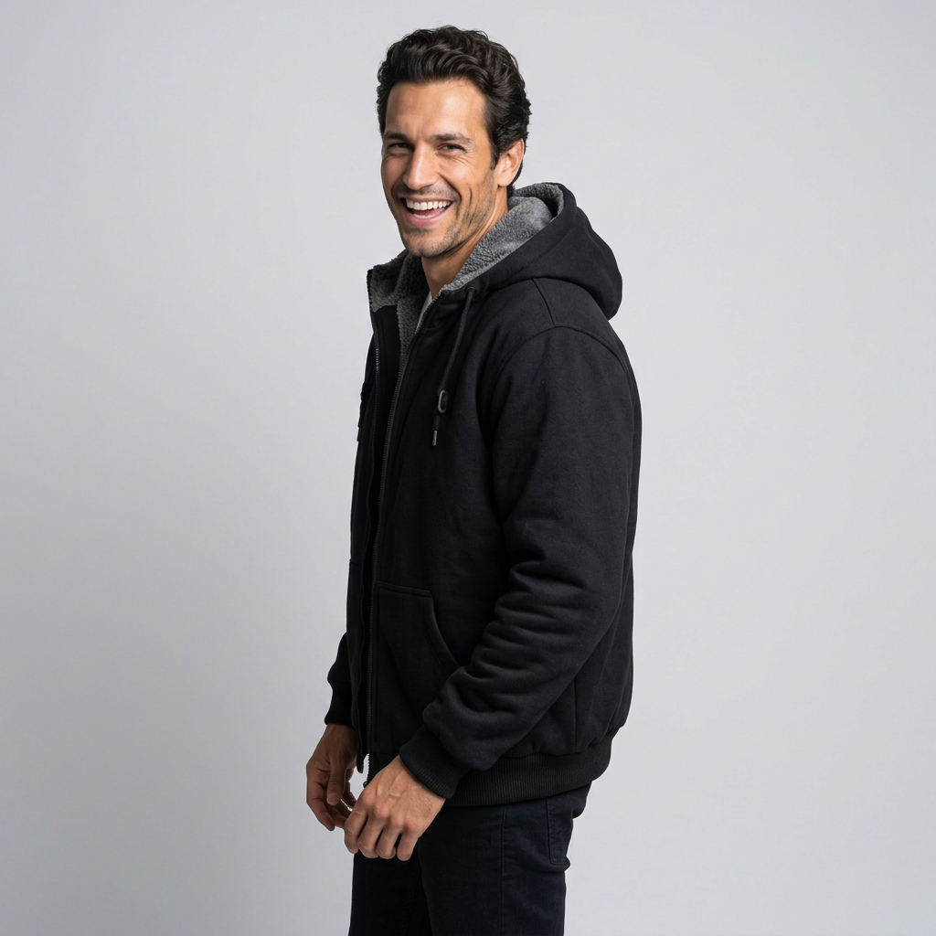 Men's Fleece-Lined Winter Hoodie Jacket in Black