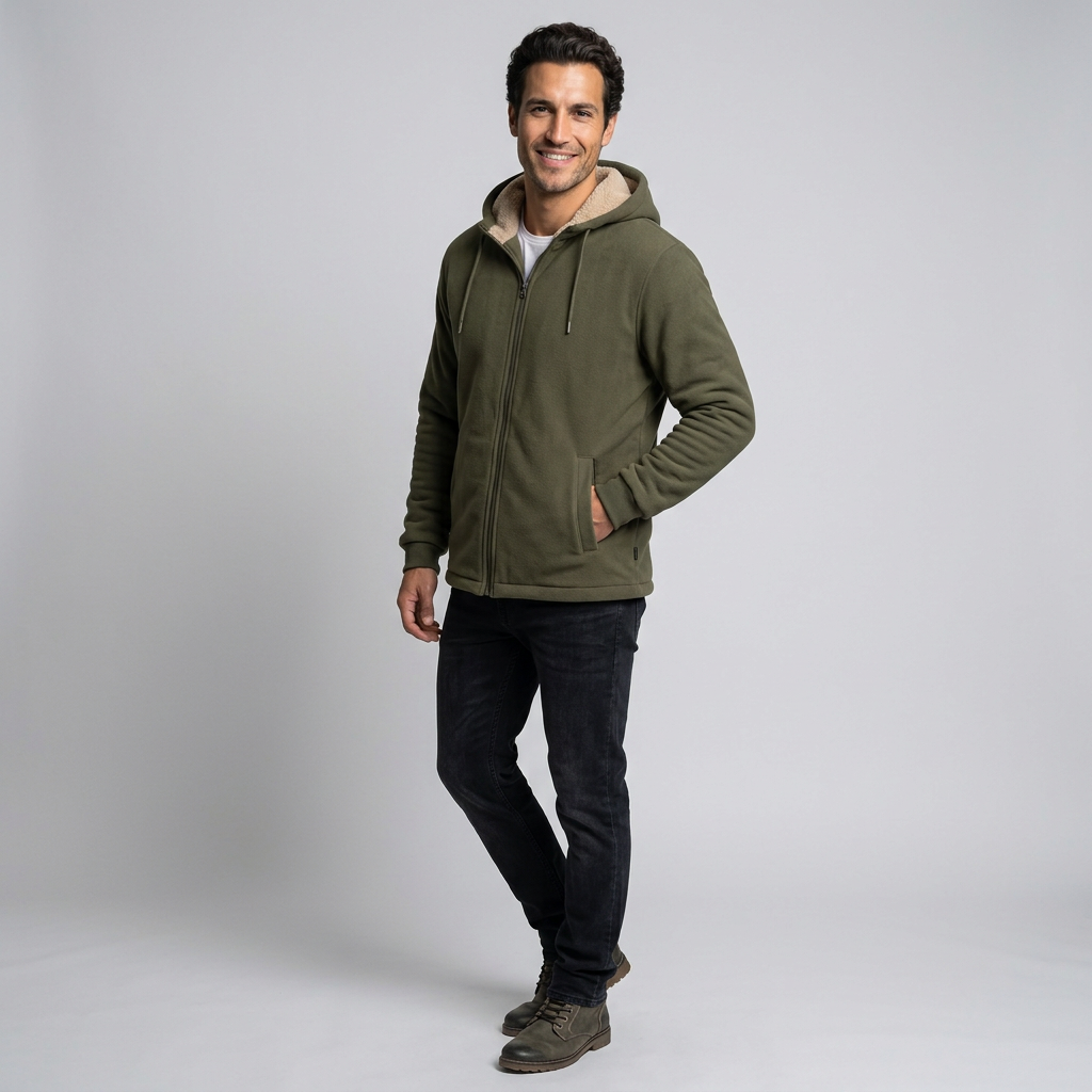 Men's Fleece-Lined Winter Hoodie Jacket in Olive Green