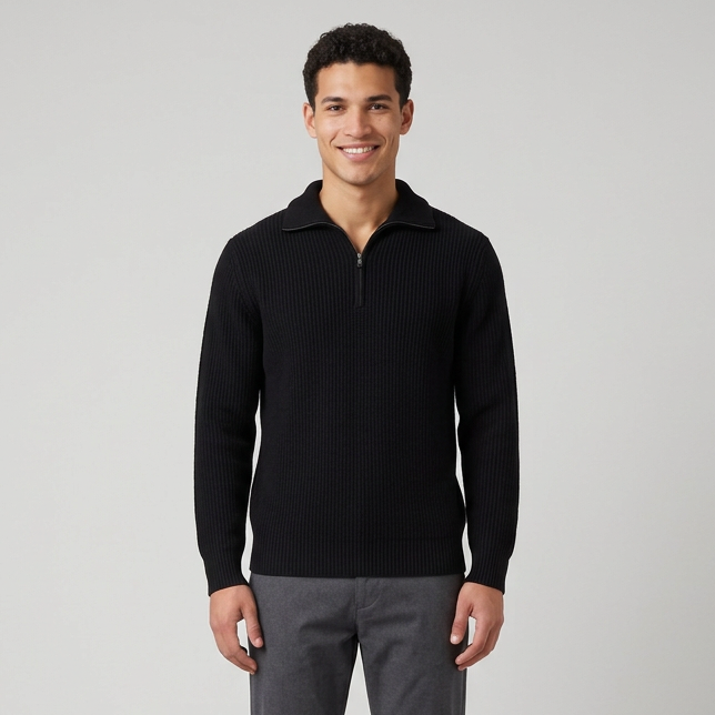 Men's Wool Blend Lapel Collar Half Zip Jumper in Black – front view