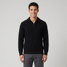 Men's Wool Blend Lapel Collar Half Zip Jumper in Black – front view