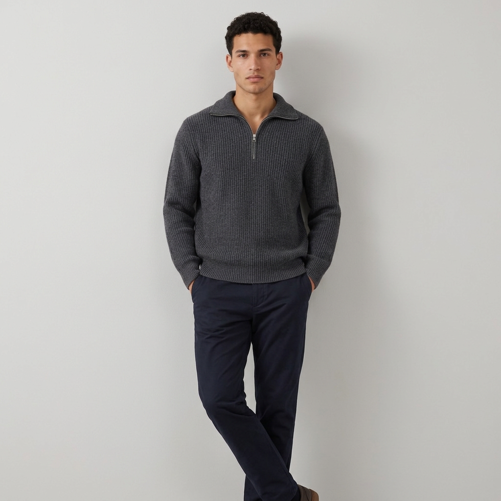 Men's Wool Blend Lapel Collar Half Zip Jumper in Dark Grey
