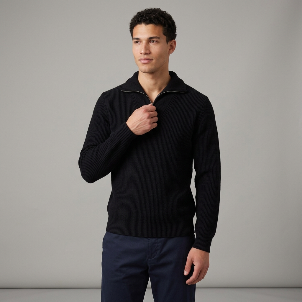 Men's Wool Blend Lapel Collar Half Zip Jumper in Black – front view