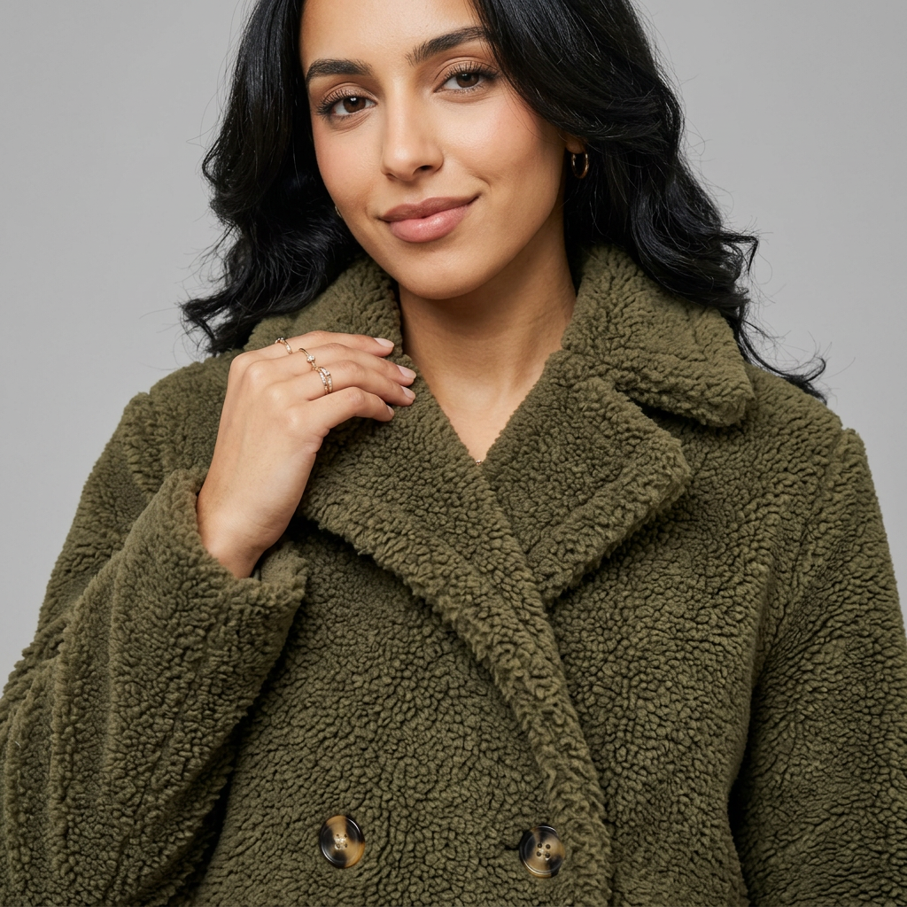 Women's Long Double-Breasted Teddy Coat in Khaki – detail view