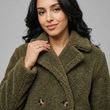 Women's Long Double-Breasted Teddy Coat in Khaki – detail view