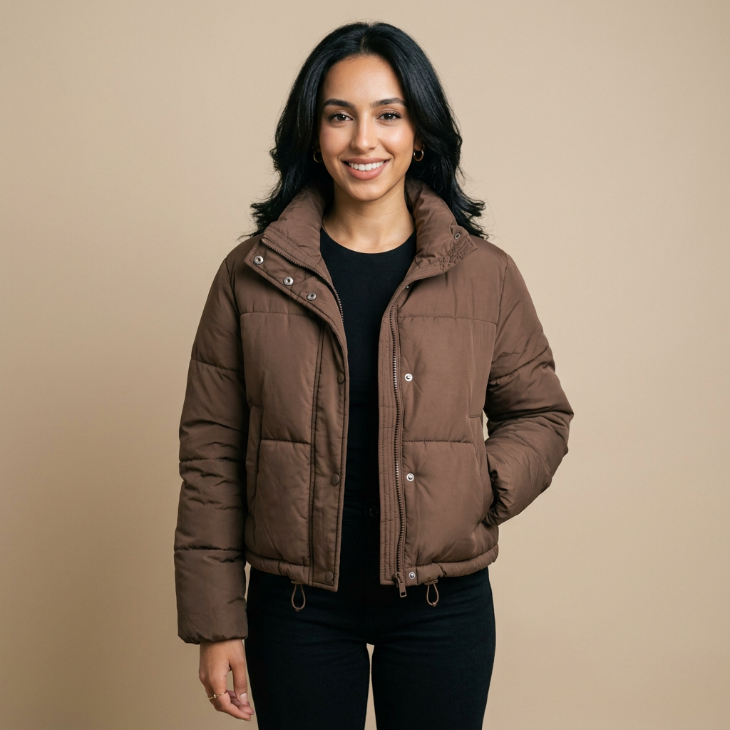 Women's Short Padded Puffer Jacket in Coffee – front view