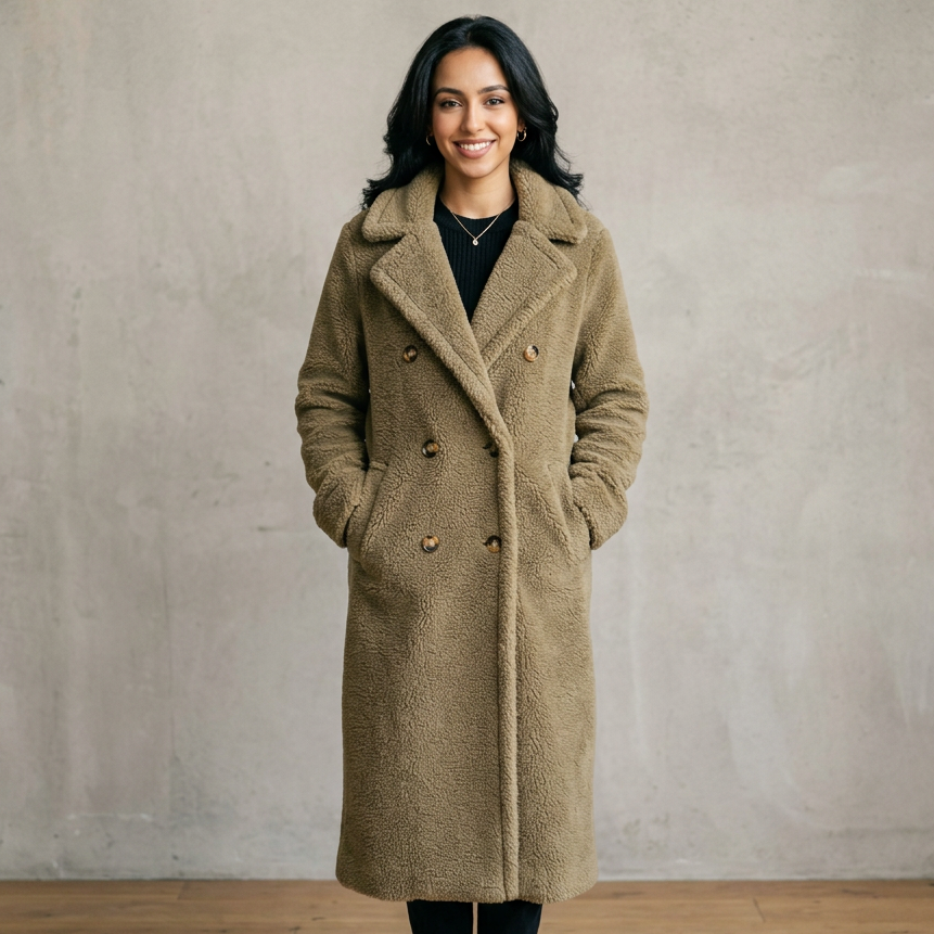 Women's Long Double-Breasted Teddy Coat in Khaki – front view