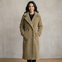 Women's Long Double-Breasted Teddy Coat in Khaki – front view