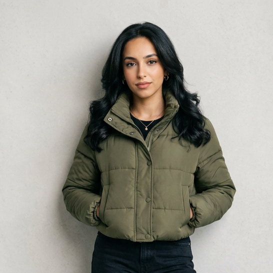 Women's Short Padded Puffer Jacket in Olive Green
