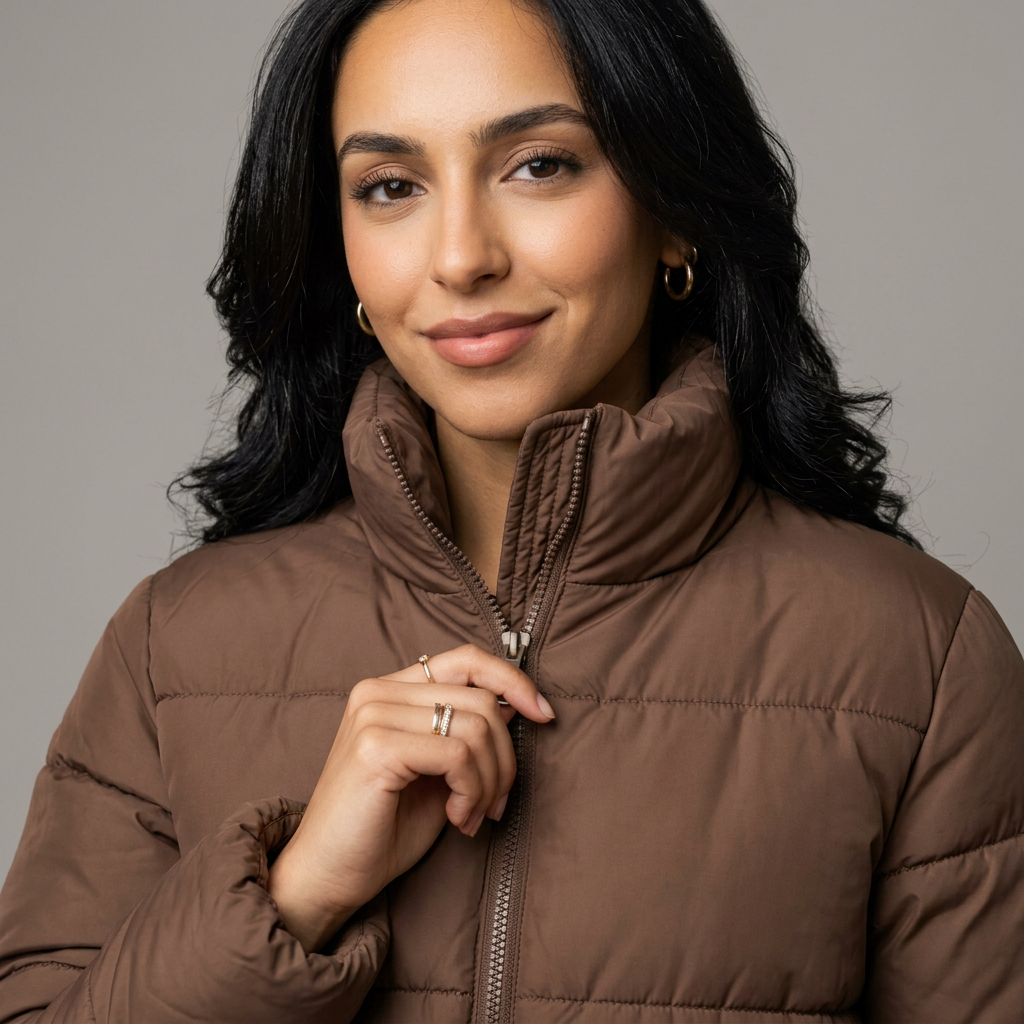 Women's Short Padded Puffer Jacket in Coffee – detail view