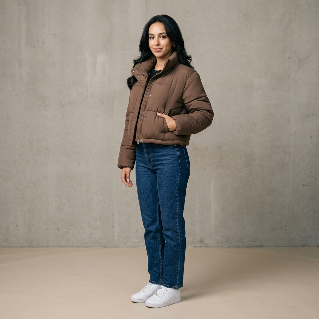 Women's Short Padded Puffer Jacket in Coffee – front view