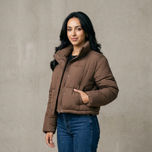 Women's Short Padded Puffer Jacket in Coffee – three-quarter view