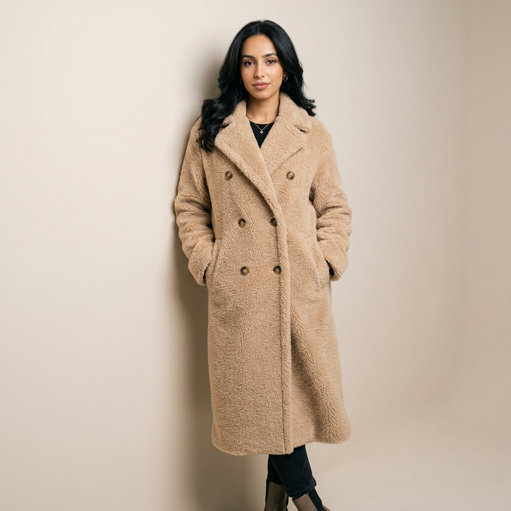 Women's Long Double-Breasted Teddy Coat in Beige