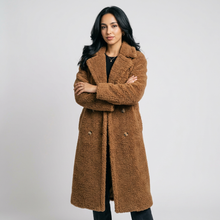 Women's Long Double-Breasted Teddy Coat in Brown