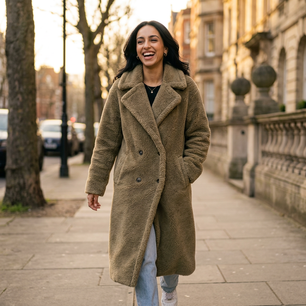 Women's Long Double-Breasted Teddy Coat in Khaki – lifestyle shot
