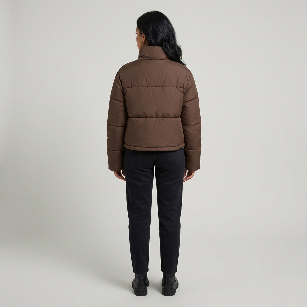 Women's Short Padded Puffer Jacket in Coffee – back view
