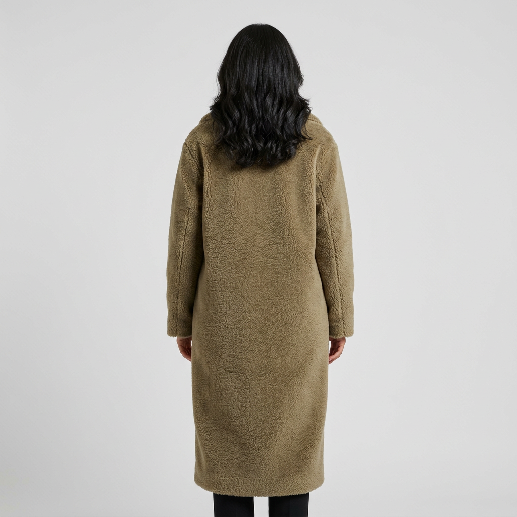 Women's Long Double-Breasted Teddy Coat in Khaki – back view