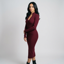 Women's Ribbed Knit Long Sleeve Midi Dress in Burgundy