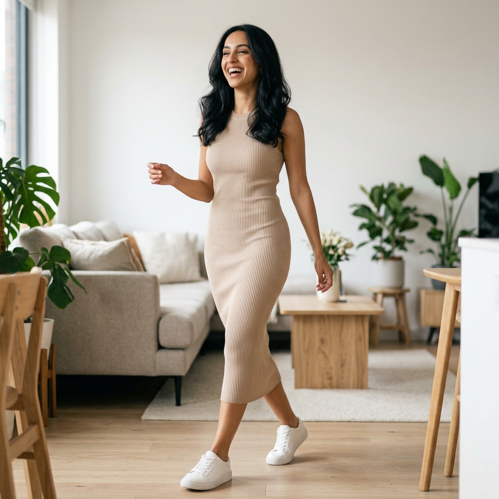 Women's Ribbed Knit Long Sleeve Midi Dress in Beige – lifestyle shot