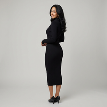 Women's Ribbed Knit Long Sleeve Midi Dress in Black