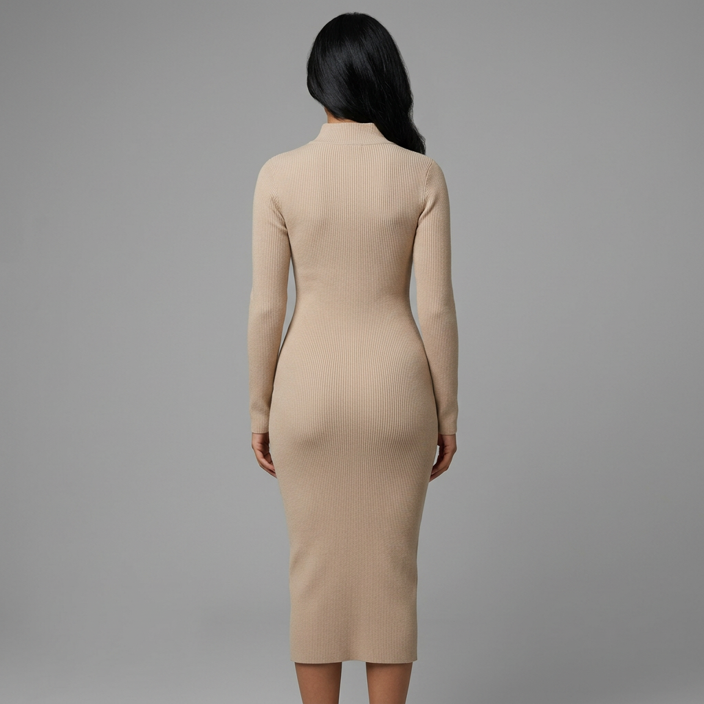 Women's Ribbed Knit Long Sleeve Midi Dress in Beige – back view
